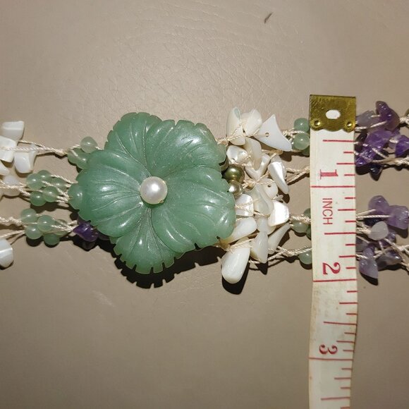 Vintage Floral Flower Necklace Gemstone MOP Shell Aventurine Pearl Amethyst - Picture 6 of 16